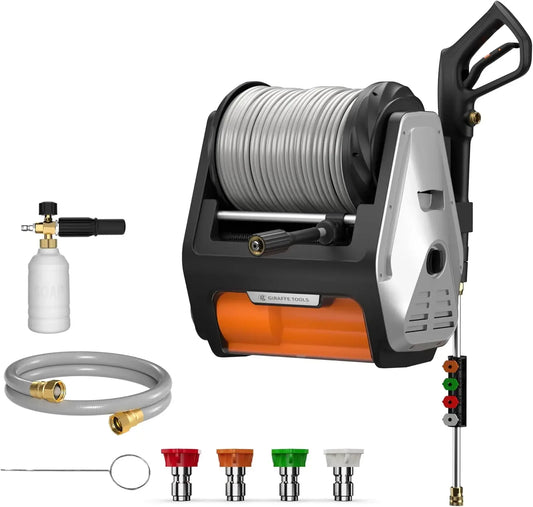 Wall-Mounted Pressure Washer with 100ft Retractable Hose
